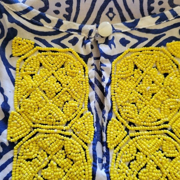 Talbots Shirt Womens small Blue White Paisley Yellow Bead Nautical Top - Picture 3 of 6